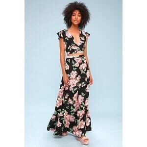 Lulus Good Fleur You Black Floral Print Two-piece Maxi Dress - Size X-Small